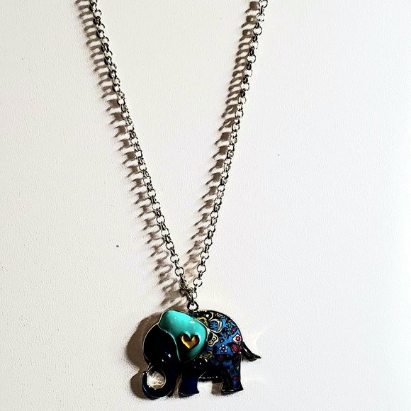 HandPainted Enamel Elephant Necklace Lt Teal Ears - Picture 3 of 6